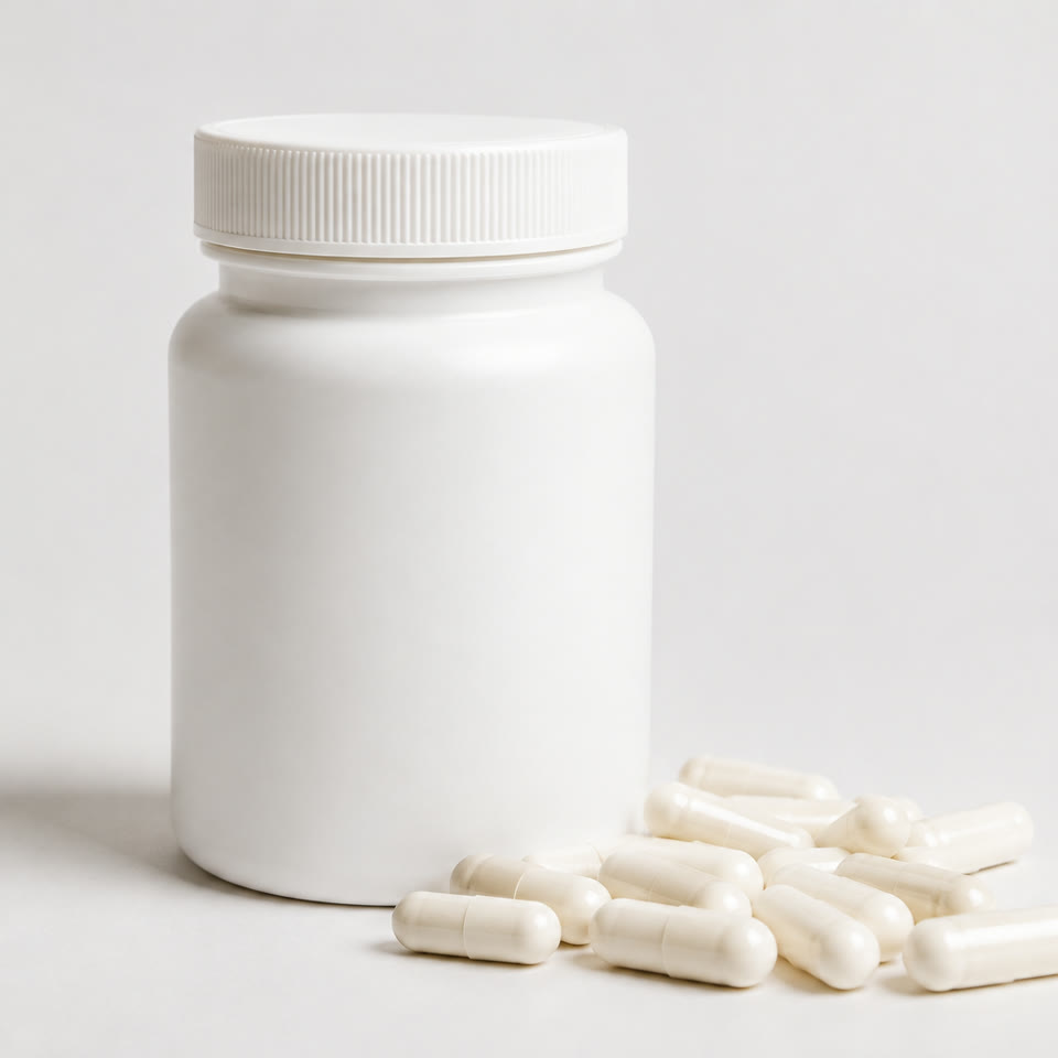 Een gewoon wit supplementenpotje met losse capsules