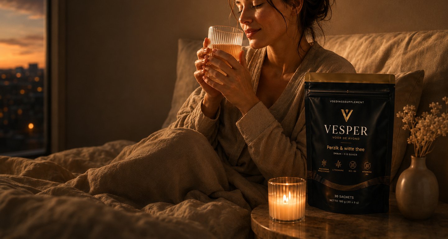 Vrouw in ochtendjas drinkt Vesper bij kaarslicht, met uitzicht op de stad bij avondschemering