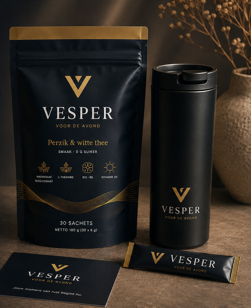 Vesper-zakje, Signature Tumbler en sachet op tafel met gedroogde bloemen op de achtergrond